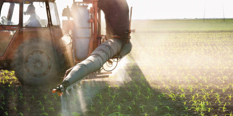 A tractor spraying pesticide on a young crop field in a sunny, rural setting.