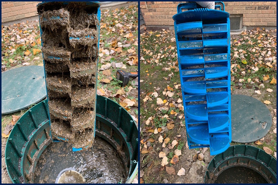 Side-by-side comparison of a blue component of a septic aerator system: on the left, heavily clogged with sludge and debris, and on the right, clean and free of debris.