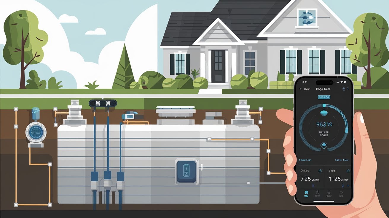 Cross-sectional illustration of a septic system with a person holding a smartphone displaying an app for monitoring the system.