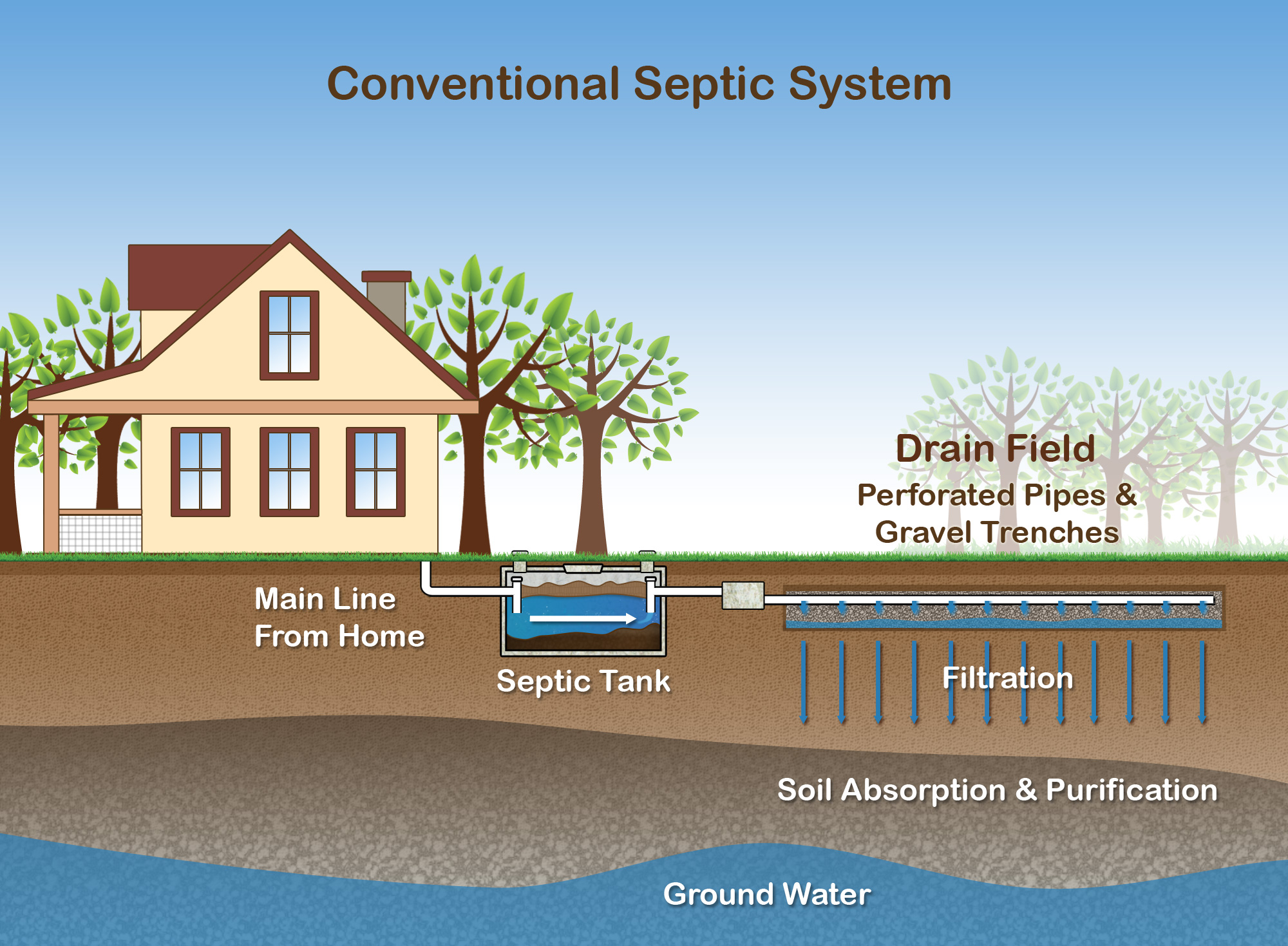 Diagram illustrating how a conventional septic system works, showing a house connected to a septic tank and drain field with perforated pipes and gravel trenches for filtration and soil absorption.