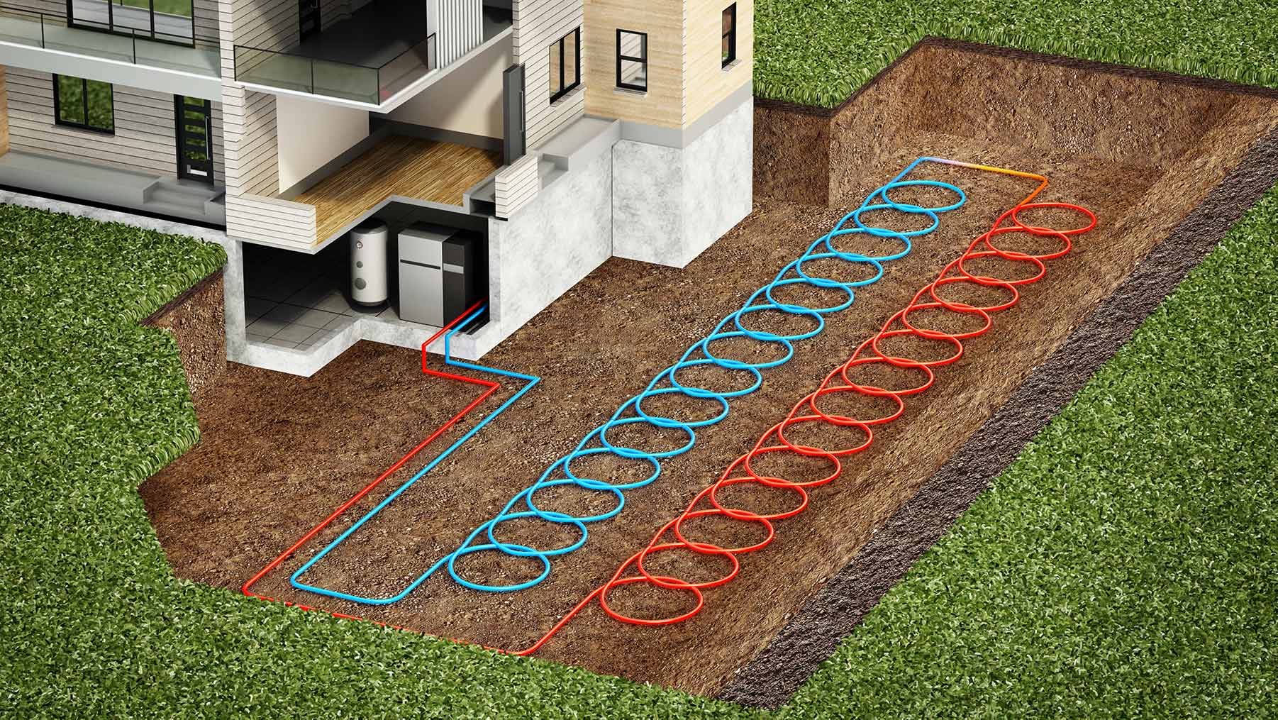 A cross-sectional view of a house with a geothermal heating and cooling system, showing red and blue piping loops buried in the ground connected to the home's interior HVAC unit.