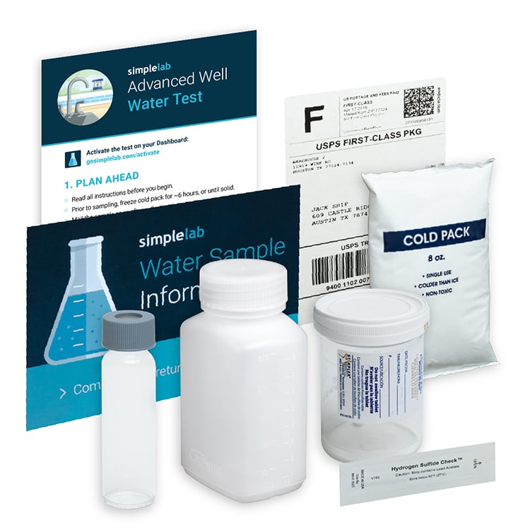 Advanced Well Water Test kit from SimpleLab including instruction sheets, water sample bottles, cold pack, shipping label, and test strip.